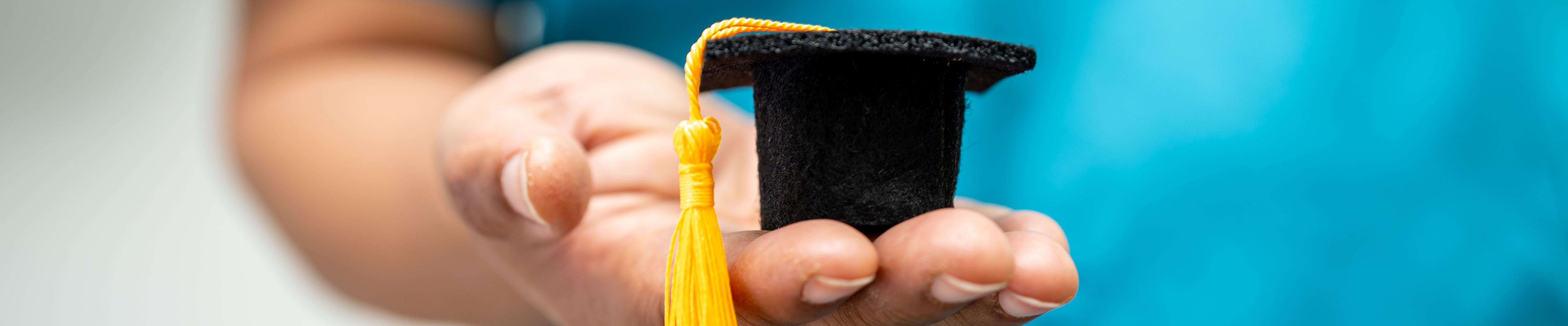 alt="hand houdt klein afstudeerhoedje vast"