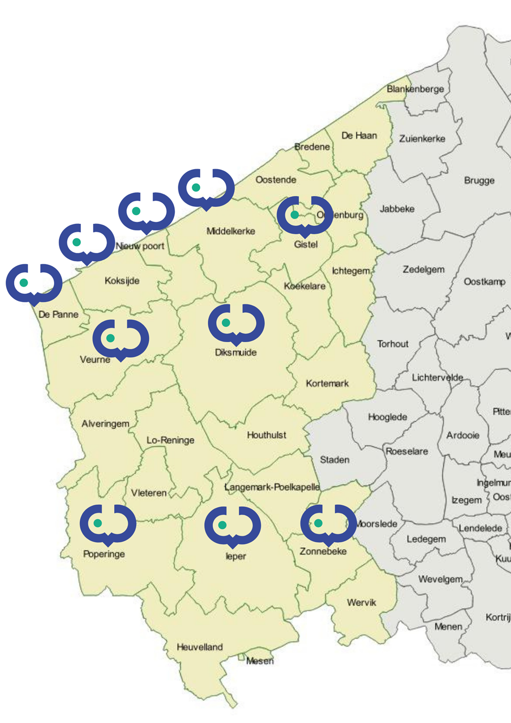 Kaart Westhoek met aanduidingen van de vestigingsplaatsen van CVO Cervo-GO!