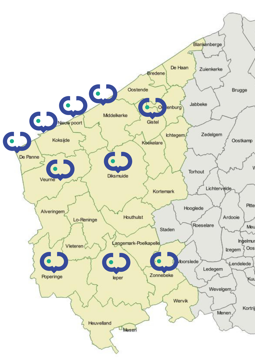 Kaart Westhoek met aanduidingen van de vestigingsplaatsen van CVO Cervo-GO!